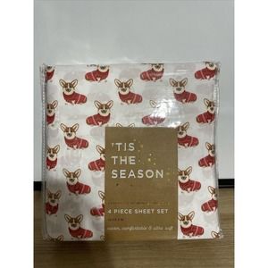 Tis The Season Christmas Corgi Red Sweater Puppy Dog Queen 4 Piece Sheet Set NWT